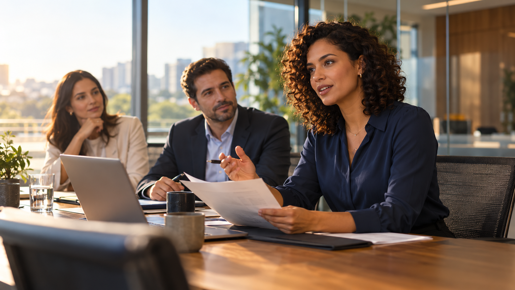 Cena ilustrativa de uma assistente executiva contribuindo em um briefing com colegas